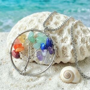 Handmade Chakra Tree Of Life Crystal Pendant Stainless Steel Boho Chic Necklace